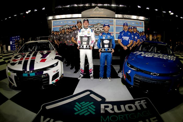 Kyle Larson and Alex Bowman will start on the front row for the NASCAR Cup Series 64th Annual Daytona 500 at Daytona International Speedway on Sunday. (Photo by Sean Gardner/Getty Images)